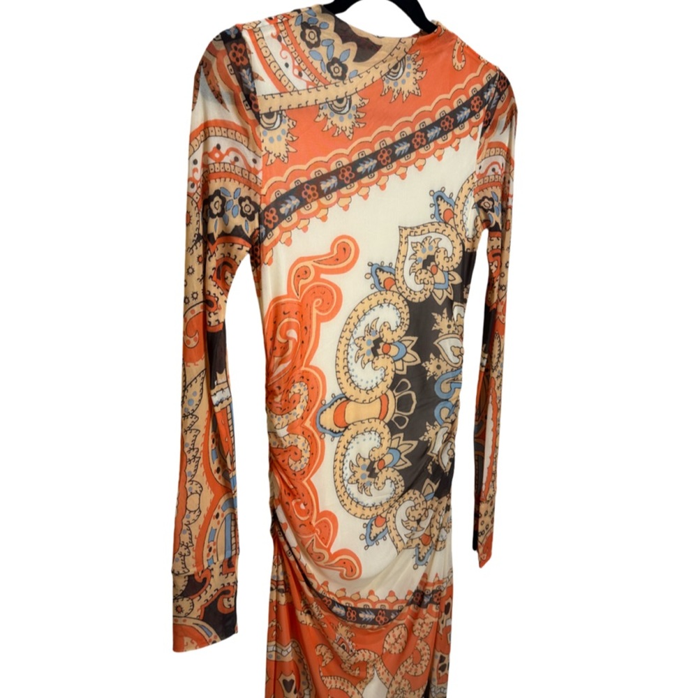 Farm Rio Long-Sleeve Mock-Neck Mesh Slim Midi Dress - Orange Bandana L - Picture 7 of 10